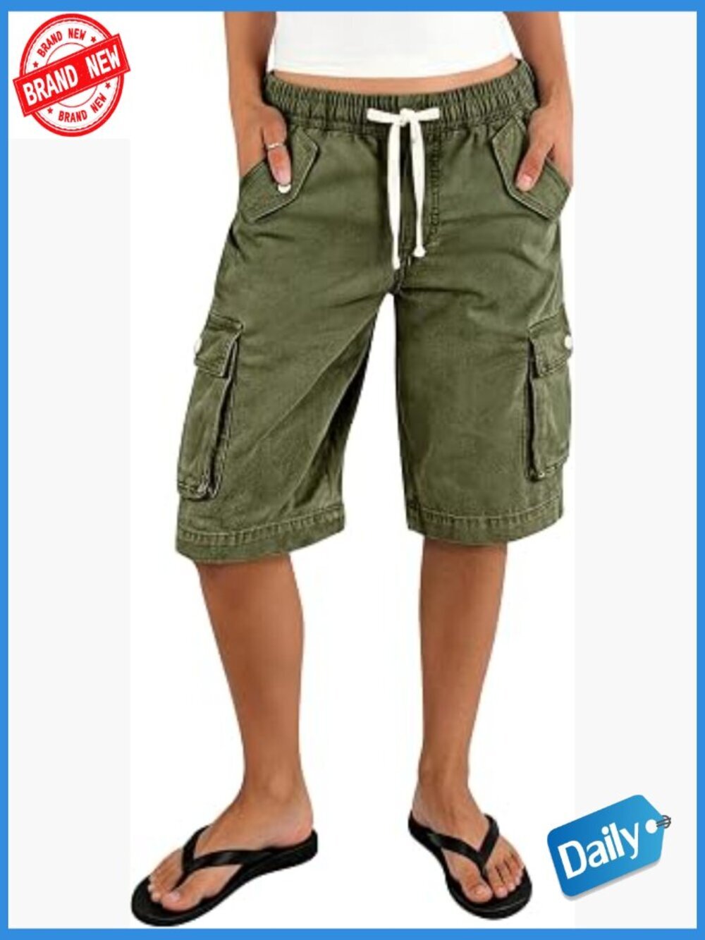 Mid Waist Bermuda Cargo Shorts Drawstring Flap Pocket Casual